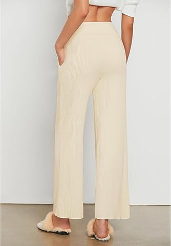 Cream  Women's Ankle-Length High-Waist Pants Relaxed Fit Wide-Leg Pull-On Side Pocket