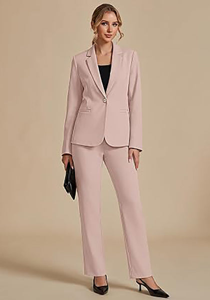 Peach Blush Women's Elegant Business Pantsuit — Single Button Blazer & High Waisted Pants with Adjustable Waistband
