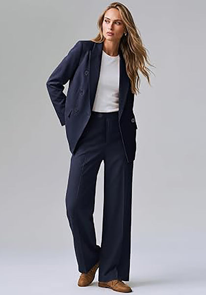Navy Blue Women's 2 Piece Double Breasted Pantsuit — Double Breasted, Wide Leg & Structured Shoulders, Professional Dressy Pantsuit Set, Office Chic, 2026 Fall Fashion