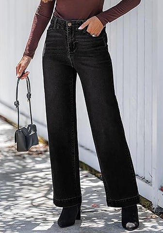 Washed Black Women's High Waisted Wide Leg Jeans with Comfort Stretch and Functional Pockets