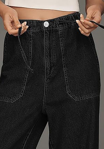 Washed Black Cropped Wide Leg High Waisted Drawstring Denim Jeans For Women