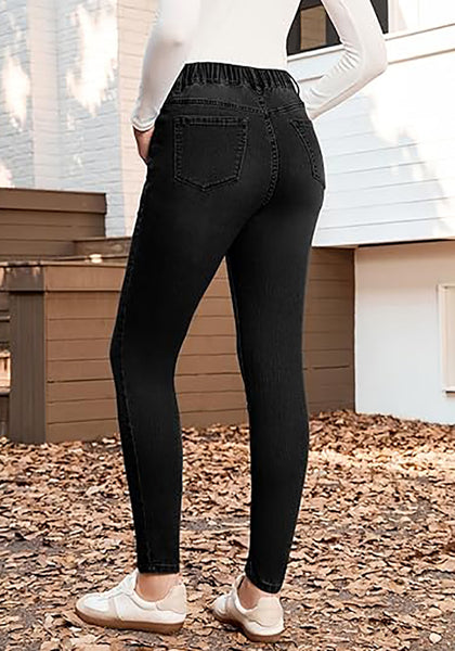 Washed Black High Waist Skinny Jeans with Elastic Waistband for Women Stretch Denim Functional Pockets Comfort Fit Jeggings