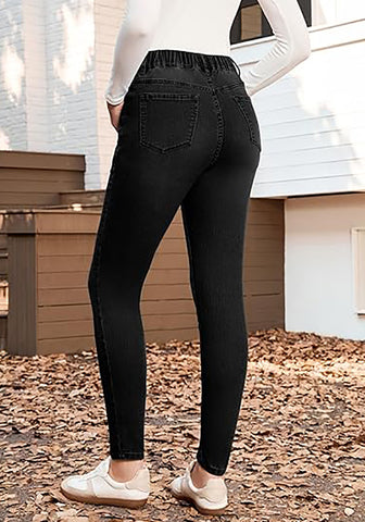 Washed Black High Waist Skinny Jeans with Elastic Waistband for Women Stretch Denim Functional Pockets Comfort Fit Jeggings