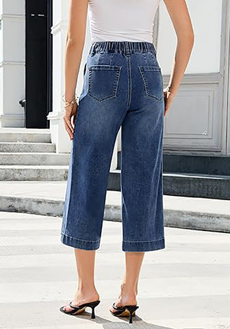 Casual Capri Jeans for Women Wide Leg Elastic Drawstring Waist Cropped Denim Trousers