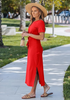 LookbookStore Women's Red Summer Casual Long Tshirt Dress Short Sleeve Self Tie Side Split Beach Vacation Dress 2026