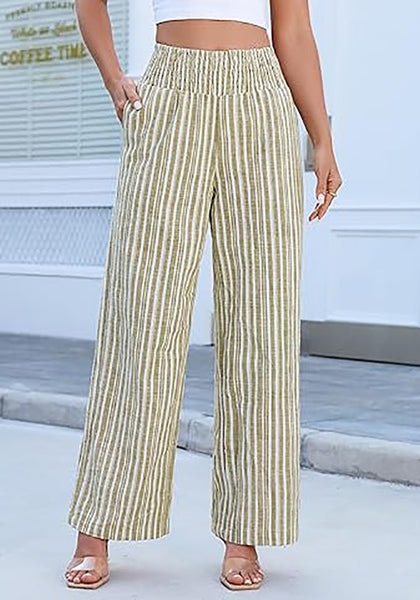 Women’s Striped Wide Leg Pants Causal Elastic High Waist Full Length Trousers with Pockets