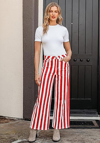 Women's Fashion High Waist Wide Leg Loose Fit Red White Striped Denim Jeans