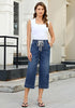 Casual Capri Jeans for Women Wide Leg Elastic Drawstring Waist Cropped Denim Trousers