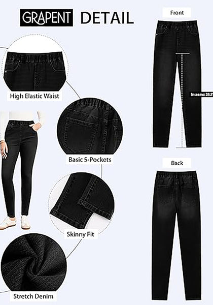 Washed Black High Waist Skinny Jeans with Elastic Waistband for Women Stretch Denim Functional Pockets Comfort Fit Jeggings