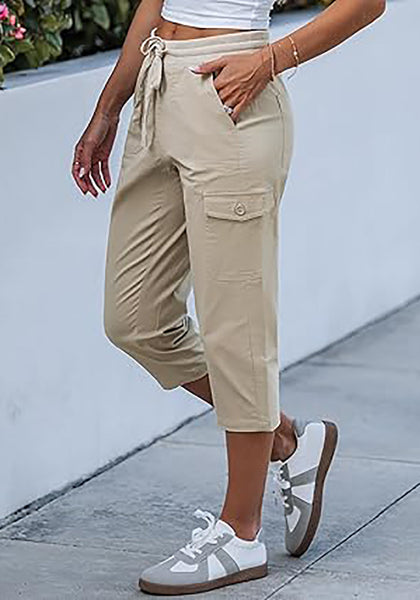 Women's Stretchy High Elastic Waist Wearable Tapered Short Cargo Capri Pants