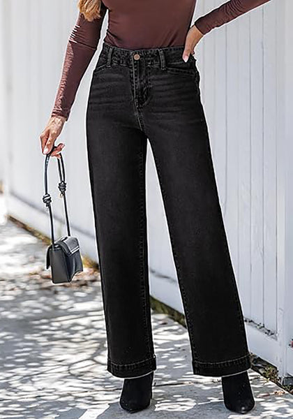 Washed Black Women's High Waisted Wide Leg Jeans with Comfort Stretch and Functional Pockets