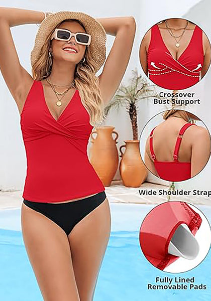 Tankini Tops for Women Deep V Neck Front Ruched  Swimwear with Adjustable Wide Straps