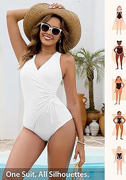 Women One Piece Swimsuit V Neck Wrap Design Side Drawstring Ruched Sleeveless Tank Swimwear