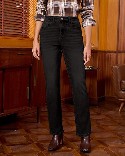 Washed Black High Waist Denim Pants Straight Leg Comfort Stretch Jeans Full Length Jeans with Pockets Casual