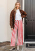 Women's Fashion High Waist Wide Leg Loose Fit Red White Striped Denim Jeans