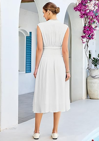 LookbookStore Women's White Summer Beach Vacation Linen Dress Casual Flowy V Neck Sleeveless Smocked Zip Midi Dress with Pockets