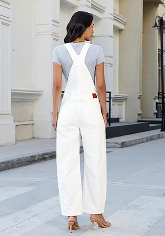 LookbookStore Women's Cream White Denim Overalls Baggy Barrel Leg Stretchy Bib Jumpsuit Adjustable Straps Casual Fit