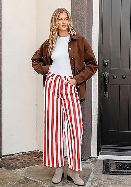Women's Fashion High Waist Wide Leg Loose Fit Red White Striped Denim Jeans