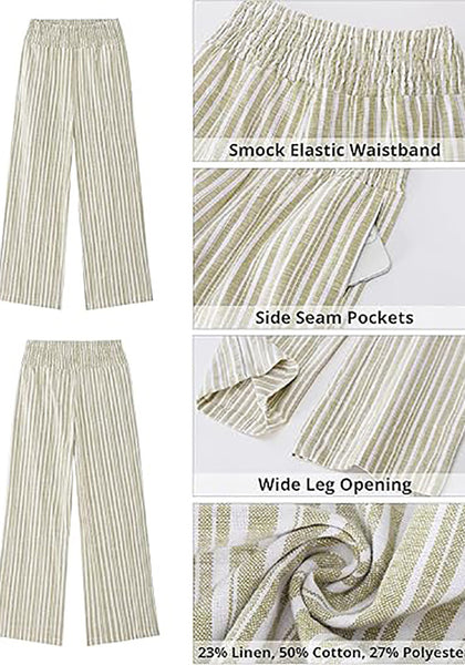 Women’s Striped Wide Leg Pants Causal Elastic High Waist Full Length Trousers with Pockets