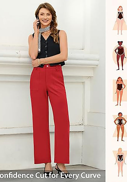 Women's High Waisted Wide Leg Soft Twill Pants Relaxed Fit Patch Pocket Trousers