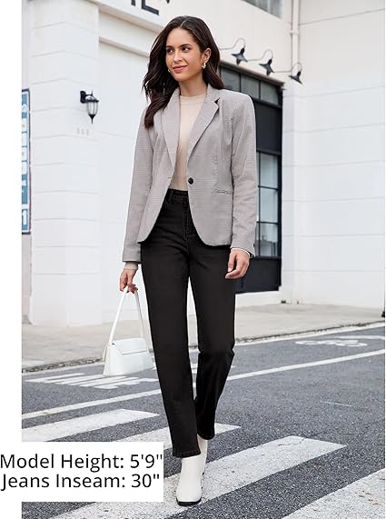 Washed Black High Waist Denim Pants Straight Leg Comfort Stretch Jeans Full Length Jeans with Pockets Casual