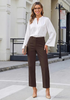 LookbookStore Women Chocolate Brown Ankle Straight Leg Dress Pants, Elastic Waist Business Casual Office Work Trousers with Pockets