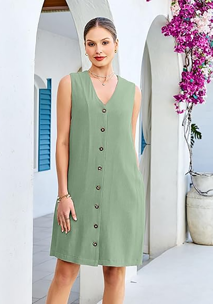 LookbookStore Women's  Sage Green Knee Length Linen Dress – Sleeveless V Neck Button Down, Self Tie Waist & Side Pockets