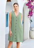 LookbookStore Women's  Sage Green Knee Length Linen Dress – Sleeveless V Neck Button Down, Self Tie Waist & Side Pockets