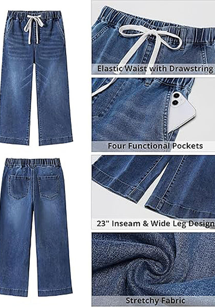 Casual Capri Jeans for Women Wide Leg Elastic Drawstring Waist Cropped Denim Trousers