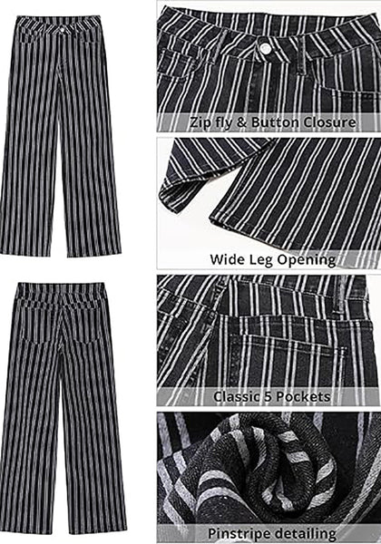 High Waisted Striped Wide Leg Jeans for Women Vintage Denim Loose Fit Casual Pants