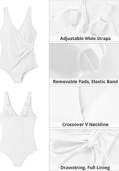 Women One Piece Swimsuit V Neck Wrap Design Side Drawstring Ruched Sleeveless Tank Swimwear
