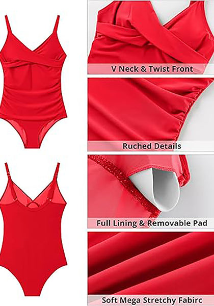 One Piece Swimsuit for Women Front Crisscross Ruched Adjustable Straps Padded Cups Swimming Suits