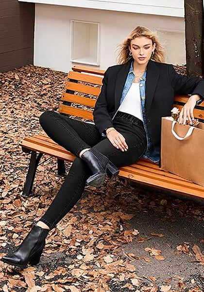 Washed Black High Waist Skinny Jeans with Elastic Waistband for Women Stretch Denim Functional Pockets Comfort Fit Jeggings