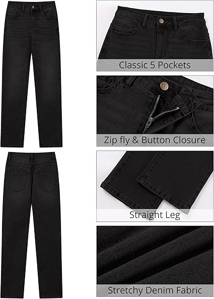 Washed Black High Waist Denim Pants Straight Leg Comfort Stretch Jeans Full Length Jeans with Pockets Casual