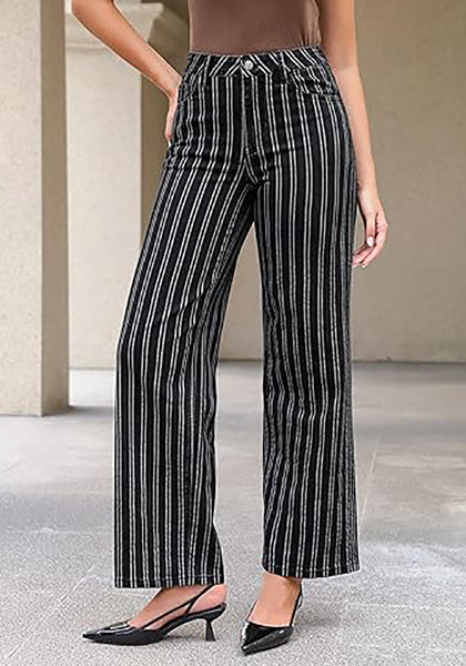 High Waisted Striped Wide Leg Jeans for Women Vintage Denim Loose Fit Casual Pants