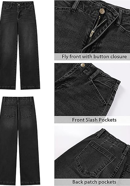 Washed Black Women's High Waisted Wide Leg Jeans with Comfort Stretch and Functional Pockets