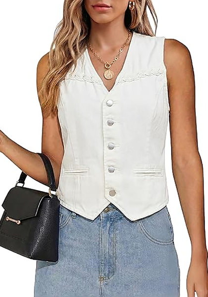 LookbookStore Women Cream White  Casual Sleeveless Denim Vest Button Down Braided Adjustable Waist Western Jean Waistcoat
