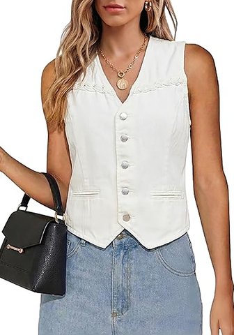 LookbookStore Women Cream White  Casual Sleeveless Denim Vest Button Down Braided Adjustable Waist Western Jean Waistcoat
