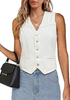 LookbookStore Women Cream White  Casual Sleeveless Denim Vest Button Down Braided Adjustable Waist Western Jean Waistcoat