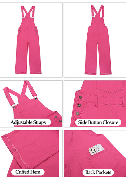 Hot Pink Women's Adjustable Strap Denim Overall Loose Wide Leg Jumpsuit