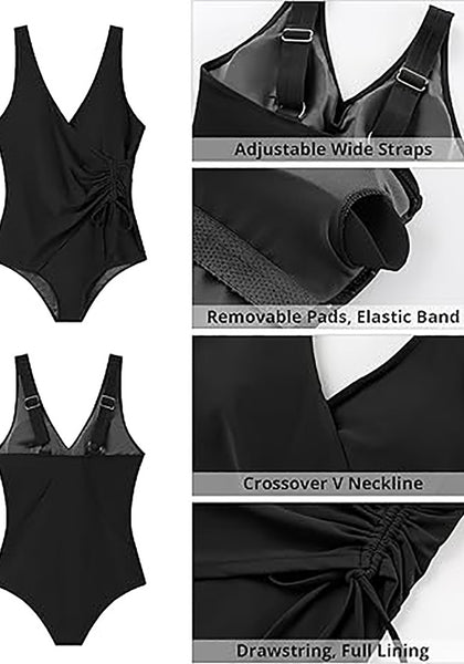 Women One Piece Swimsuit V Neck Wrap Design Side Drawstring Ruched Sleeveless Tank Swimwear