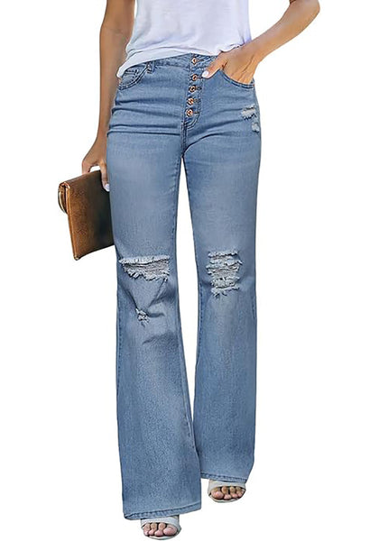 Medium Blue High Waisted Ripped Flare Jeans for Women Distressed Bell Bottom Jeans Wide Leg Pants