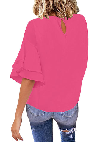 Hot Pink Women's Summer Blouse Casual Ruffle 3/4 Sleeve Tops Loose Shirts