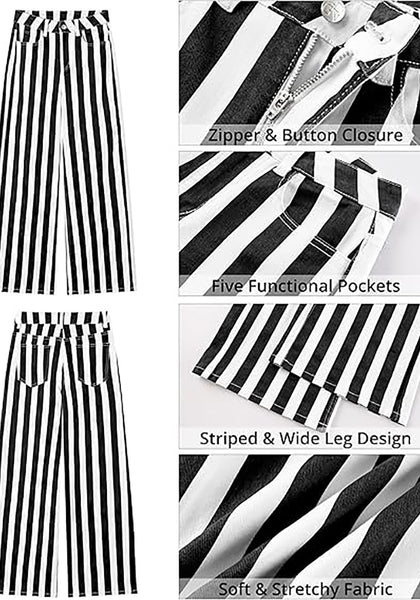 Women's Fashion High Waist Wide Leg Loose Fit Black White Striped Denim Jeans