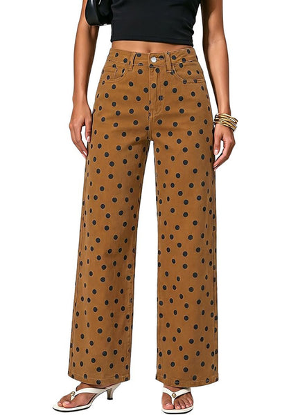 LookbookStore Wide Leg Jeans for Women High Waisted Polka Dot Stretch Denim Pants | Polka Dot, 90s Baggy Straight, High Rise, 29.5 Inch Inseam, Stretchy Jean Pants, Classic 5 Pockets, Business Casual Outfits