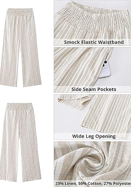 Women’s Striped Wide Leg Pants Causal Elastic High Waist Full Length Trousers with Pockets