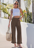 LookbookStore Women Coffee Brown High Waist Linen Pants Wide Leg Ruffle Hem Elastic Waist Cropped Ankle Beach Summer Casual Pants