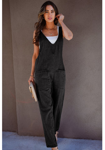 Washed Black Women's Casual Denim Low Scoop Neckline Jumpsuits With Adjustable Shoulder Pocket Cropped Overalls