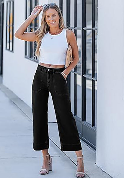 Washed Black Women's Cropped High Rise Denim Pull On Retro Wide Leg Jeans