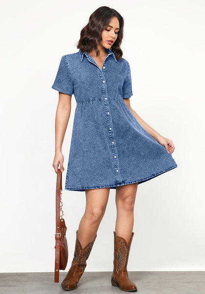 Medium Blue Women's Short Sleeve Button Down Flowy Tiered Babydoll Denim Dress